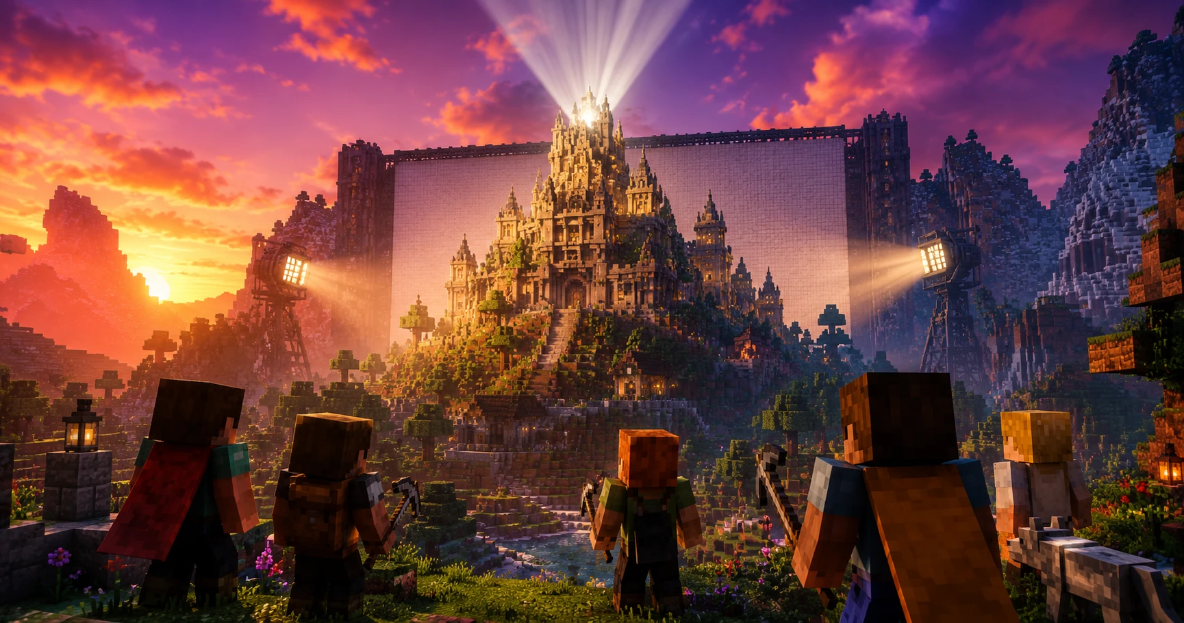 Budowla Minecraft na tle plakatu filmowego Minecraft Movie