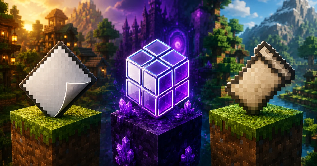 Porównanie logo Paper, Purpur i Fabric — silniki serwera Minecraft